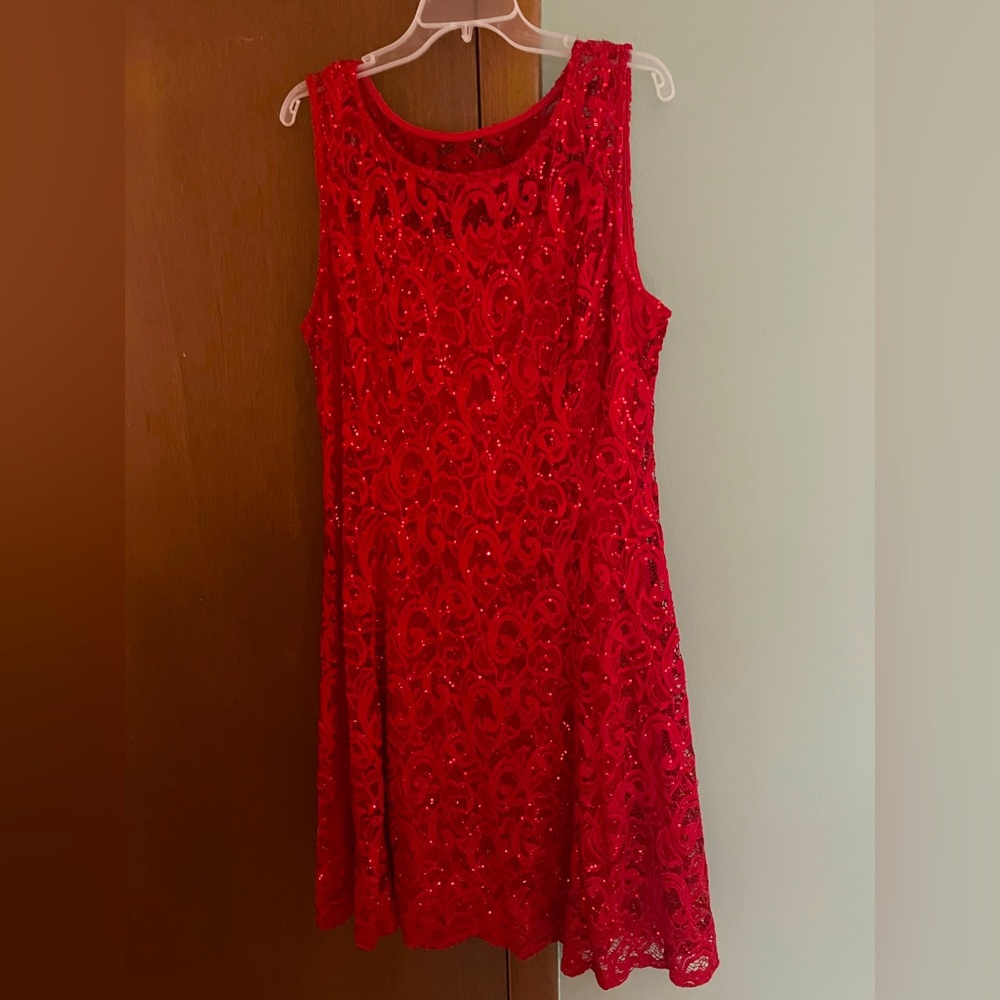Liz Claiborne Festive Midi Dress Fully Lined Red Lace with Sequins Size 16